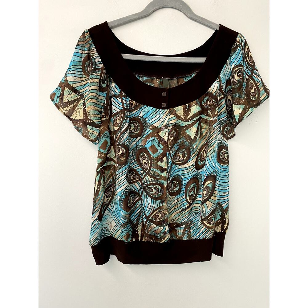 Y2K Blue & Brown Printed Sheer Slight Off the Shoulder Blouse with Flowy Sleeves